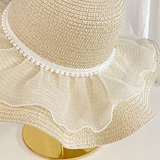 Beach Hat Natural High-Density Straw Fabric Sun Protection Wide Brim Dome Design Sun Hat Lace Bow Faux Pearls Decor Summer Hat