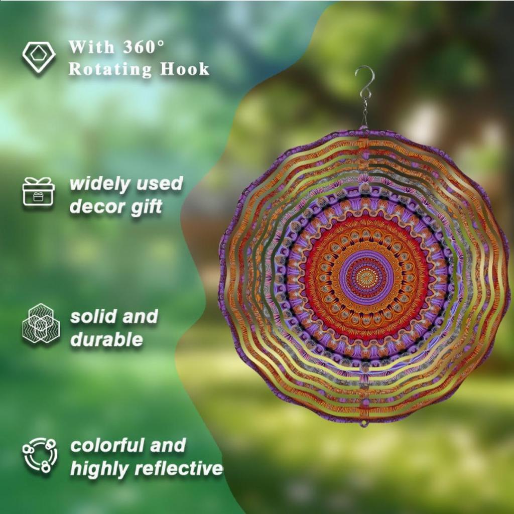 10 Zoll Metall Windspiel Außen Mandala Gartendeko mit 360 Drehhaken Windbetrieben Keine Batterie Kunst Geschenk für Terrasse Balkon