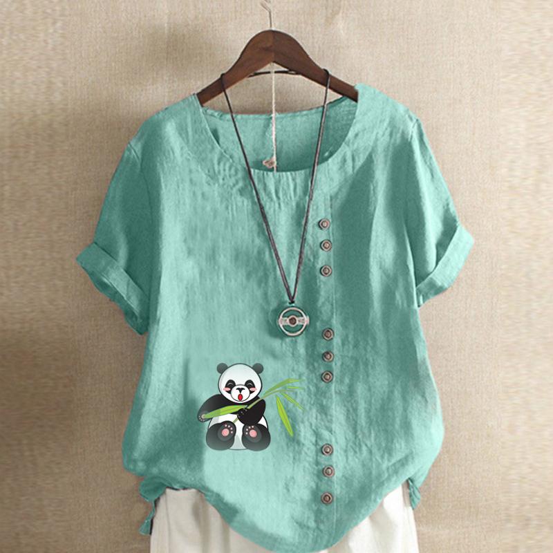 Women's Fashion Panda Print Short Sleeve T-shirt Loose Cotton Shirt Casual Loose Summer Blouse Tops Plus Size