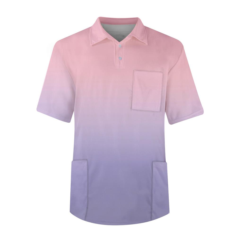 Men's Short Sleeve Button Lapel Gradient Printing Chest Pocket Dry-nurse Top