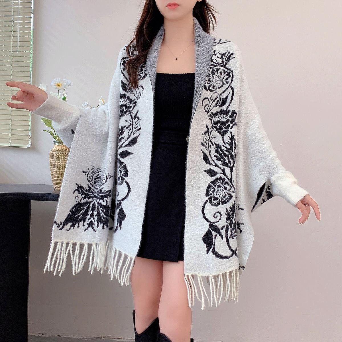 

Шаль Этнический стиль свитер вязаный теплый женский осень и зима новый плащ стиль плащ куртка One Size белый