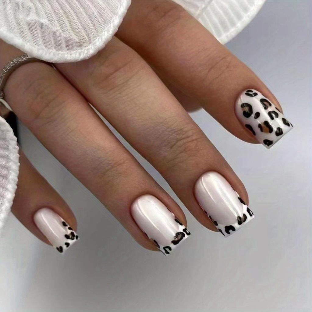 Leopard Print Press On Nails, Short Square Glue On Nails, Glossy Fake Nails For Women And Girls, 24 Pcs
