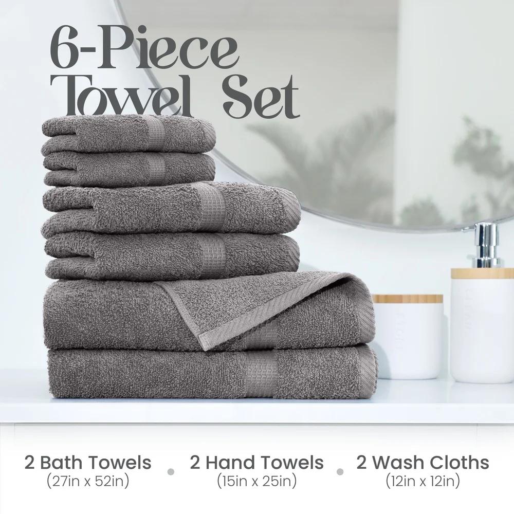 6-Piece Towel Set 600 GSM 100% Cotton Ultra Absorbent Soft Daily Use Bath Towels Hand Towels Washcloths Quick Dry Machine
