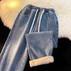 Women's Plush Denim Wide-Leg Pants: Elastic Waist & Drawstring, Loose Fit, Warm Retro Style for Autumn/Winter