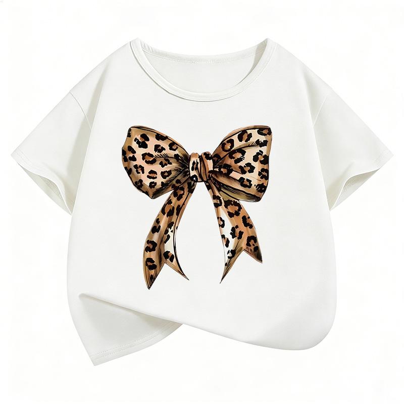 

Vintage Leopard Bow Print T Shirts Y2k Girls Reto Short Sleeve Kids T-shirt Graphic Girls Summer Spring Casual Top Tee Shirt 100 білий