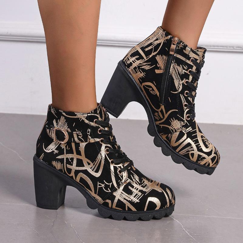 New Fashion Round Toe Women's Boots Versatile Spring and Autumn Mid-calf Side Zipper Printed Comfortable Women's Boots