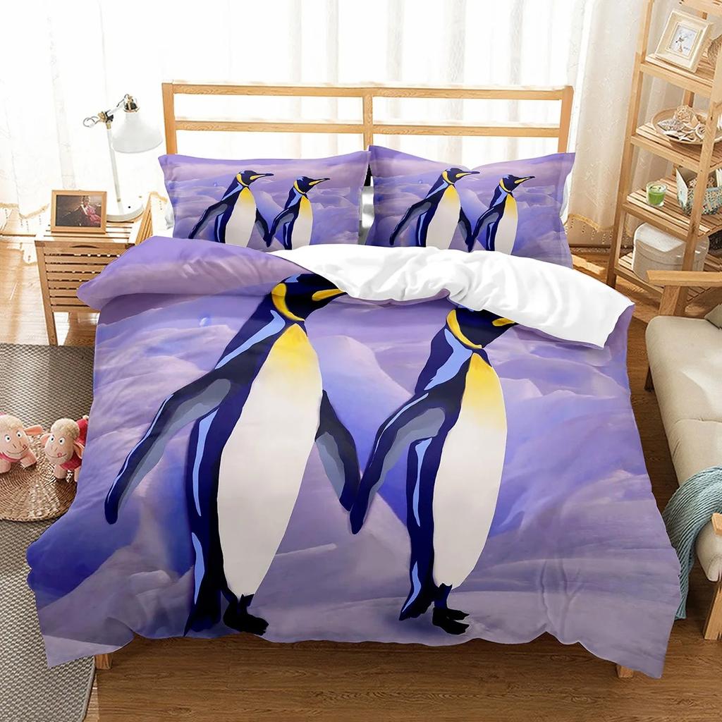Roztomilý Vzor Tučňáků Sada Povlaku na Přikrývku Roztomilá Kawaii Zvířátka Pro Chlapce Dívky Dekorace Ložnice Polyesterový Povlak na Přikrývku Velikost King Queen