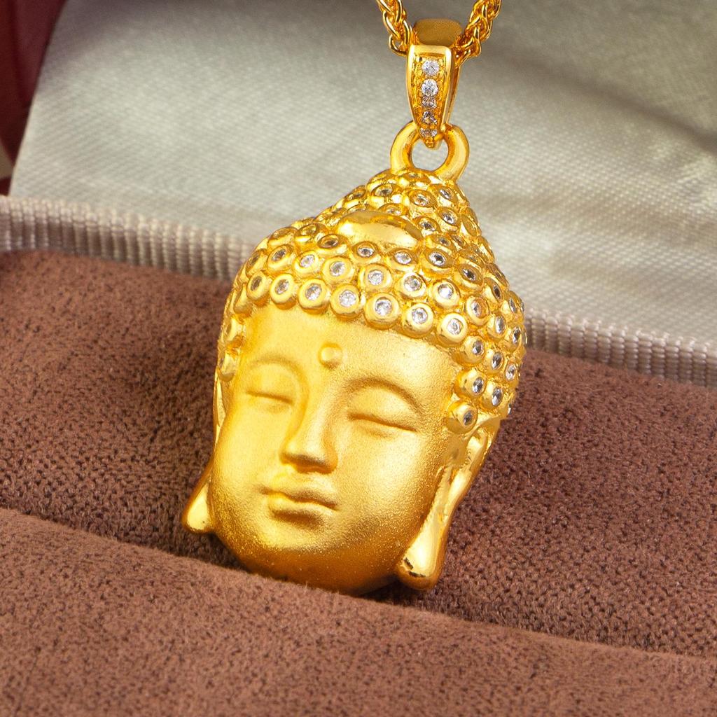 Chinese Sand Gold Buddha Head Pendant: Diamond-Inlaid, Ethnic Style, Gold-Plated Tathagata Design for Unisex.