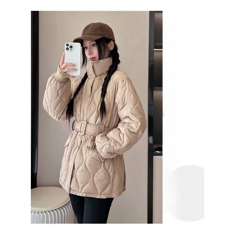 Winter Warm Quilted Down Cotton Coat Women Thickened Slim Fit Waist Belted Fashion Jacket