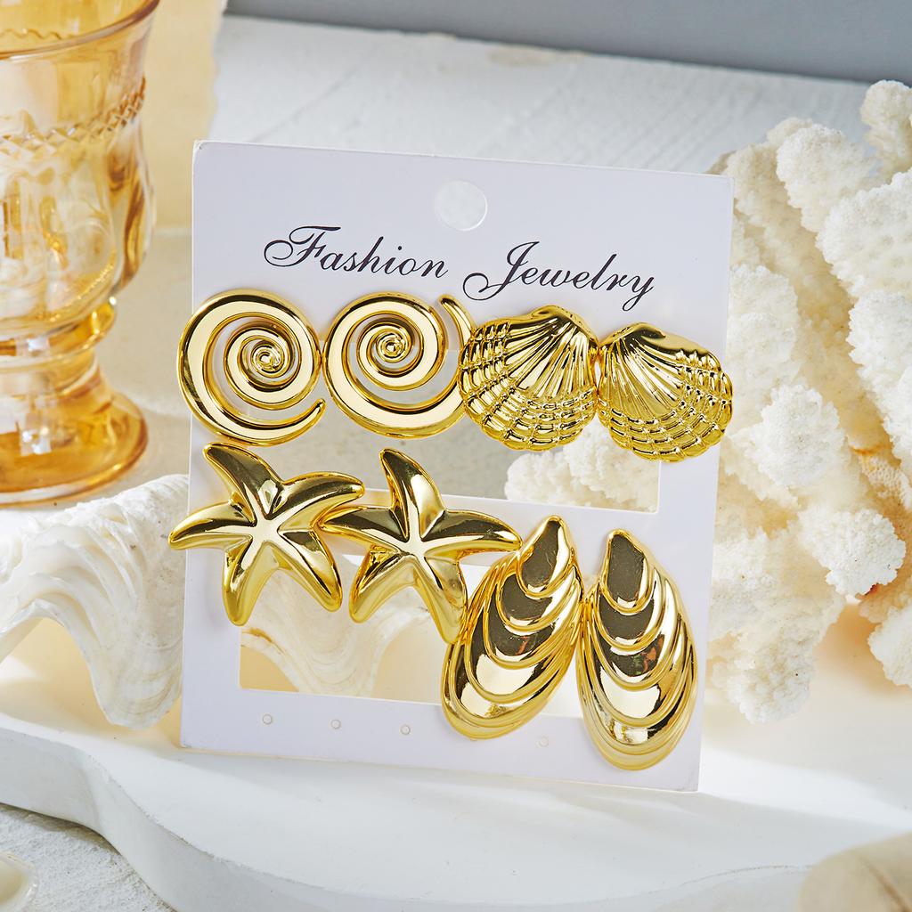 4 Pairs Gold Color Stud Earrings Set for Women Conch Shell Starfish Minimalist Ocean Summer Beach Vacation Fashion Jewelry Gift