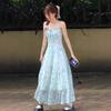 Blue suspender floral dress women's summer new high-end tea break style French temperament long dress