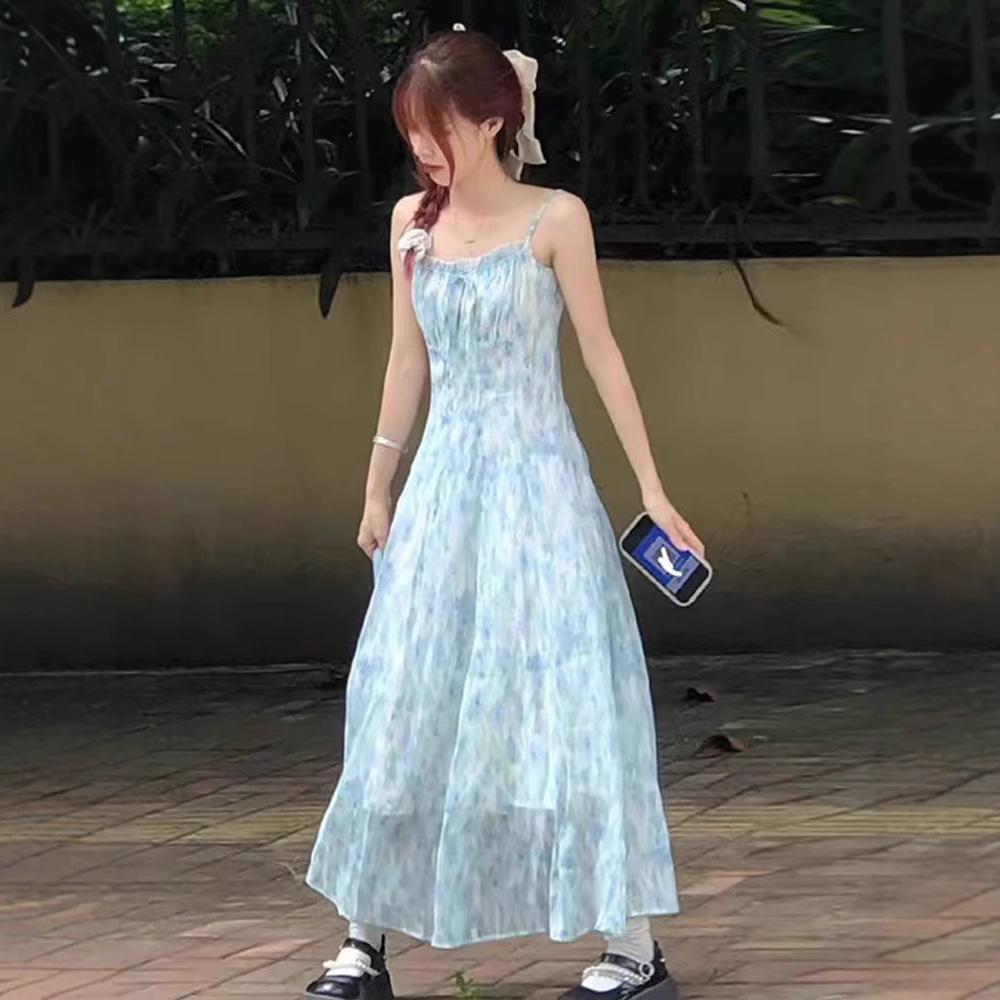 Blue Suspender Floral Dress Women's Summer New High-end Tea Break Style French Temperament Long Dress