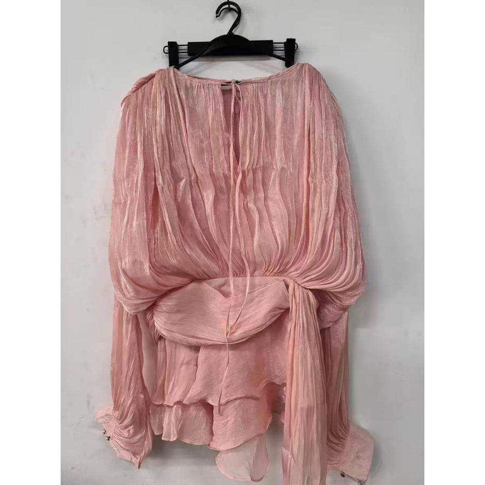 Solide Patchwork Schnürkleider für Damen O-Ausschnitt Langarm Hohe Taille Gespleißte Falten Temperament Kleid Damenmode