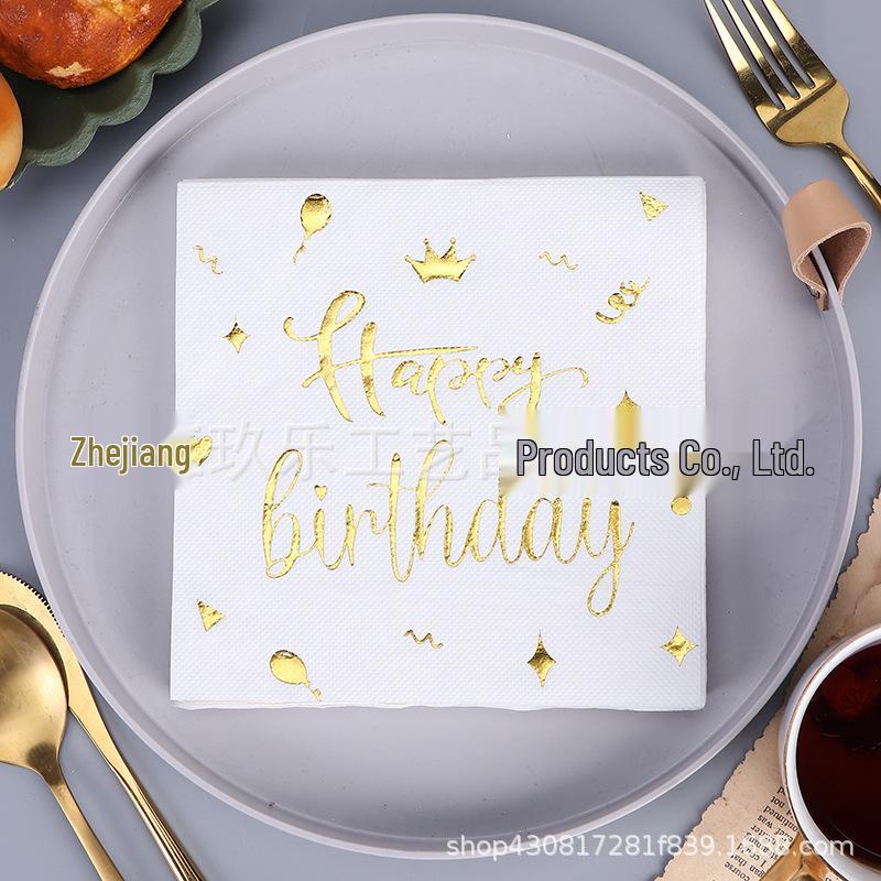 Gold & Silver Hot Stamped Happy Birthday Napkins for Party Decorations