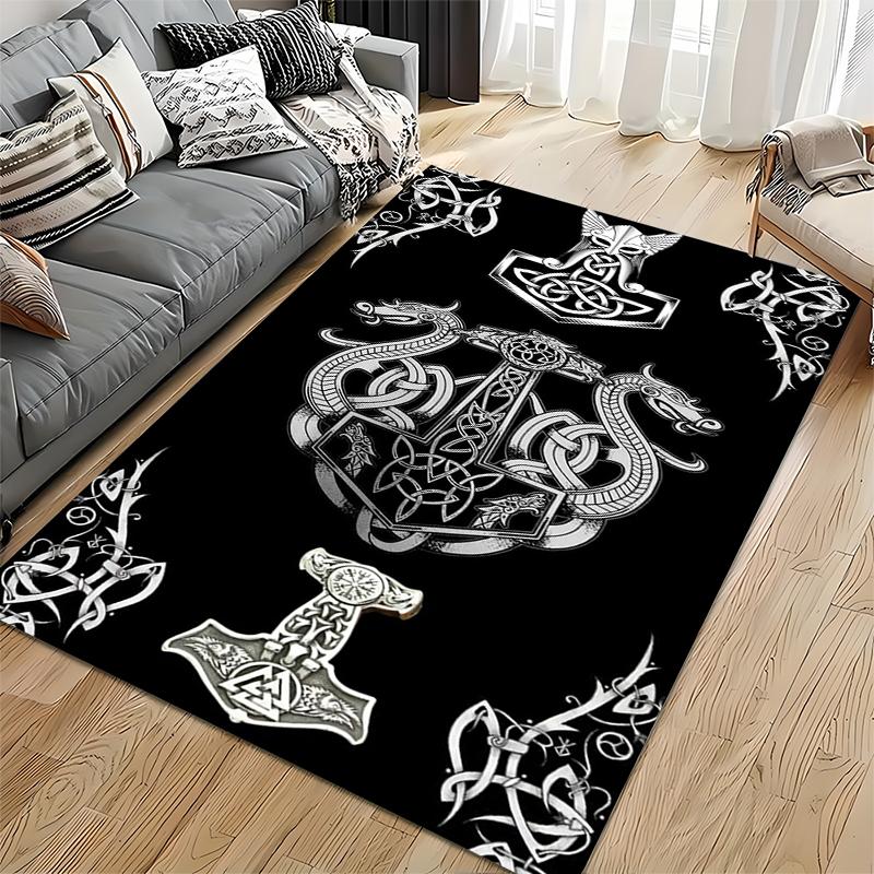 Area Rug, Norse Viking Mjolnir Hammer Celtic Knot Dragon White Black Print, Man Cave Decor, Non-Slip Mat