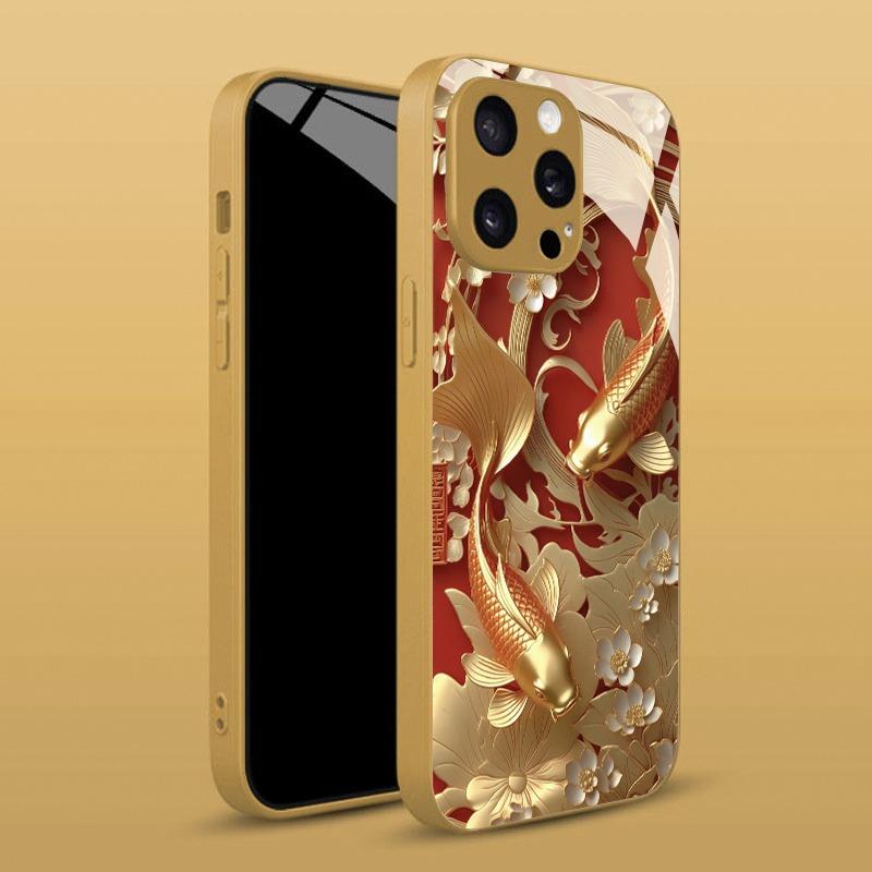 Red Gold Koi Pattern Gold Metallic Paint Glass Phone Case For iPhone 17 Pro Max 11 12 13 14 15 16 Pro 14 Plus 17 Air 16E Cover
