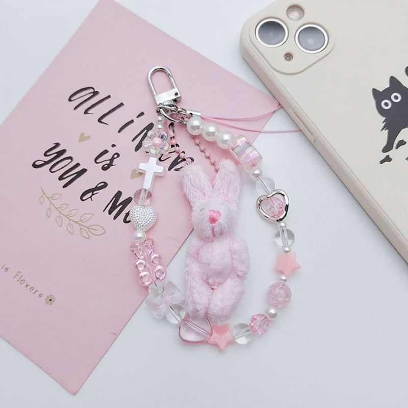 Handmade Phone Chain Rabbit Phone Strap Lovely Phone Jewelry Durable Keychain Acrylic Alloy Material for Phone Keys Bags