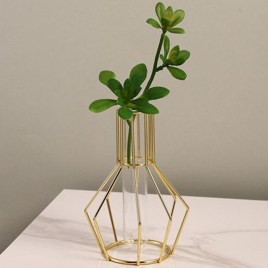 Nordic Simple Glass Clear Vase with Iron Art Frame for Hydroponic Planter Transparent Test Tube Pot Decorative Metal Flower Vase for Table