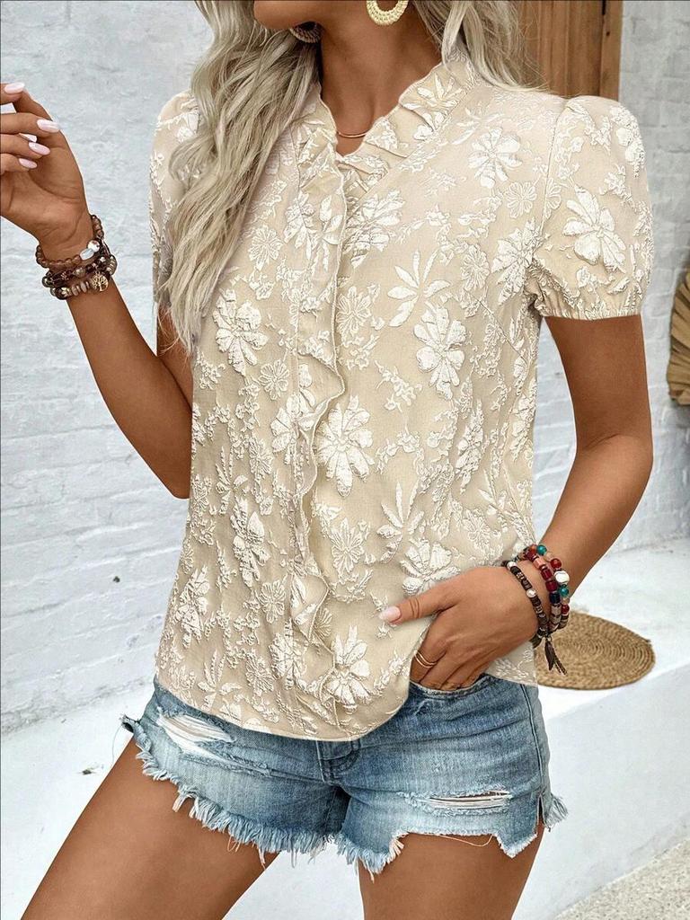 Summer 2026 Women's Ruffle Jacquard Short-Sleeve Pullover Shirt