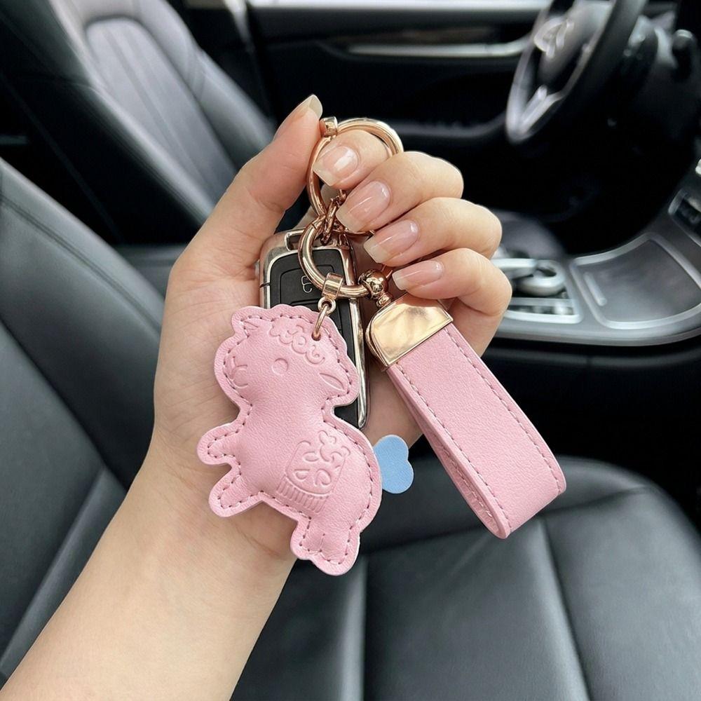 Anti-Loss Strap Goat Pendant Leather Sheep Bag Charm Kawaii Goat Car Keychain  Women