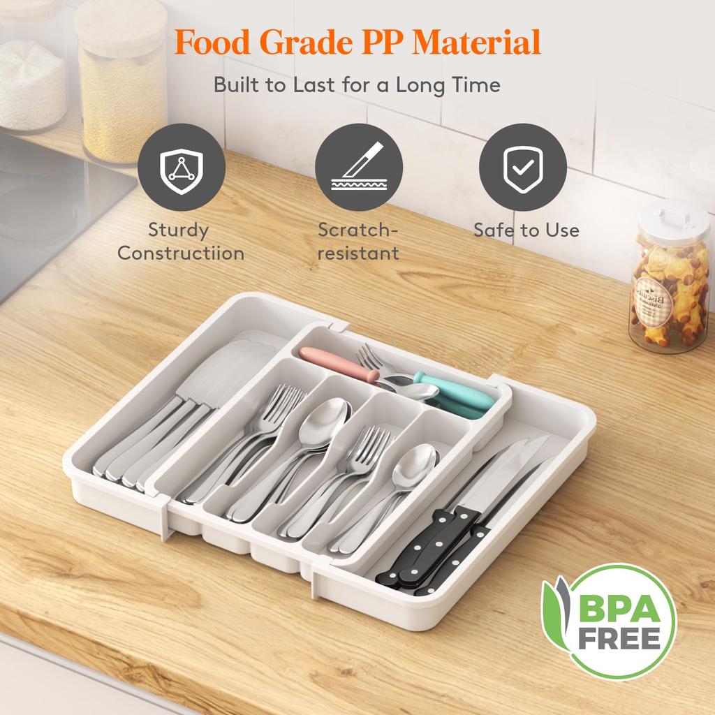 New Popular Adjustable Cutlery Organizer - Upgraded Plastic Storage Tray with Dividers Fork and Knife Drawer Organizer
