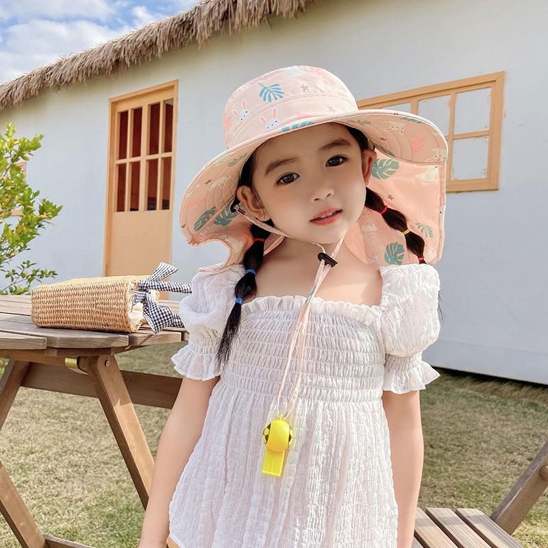 Anti Uv Kids Summer Baby Sun Hat Printed Whistle Shawl Hat For Girls Boys Outdoor Neck Ear Cover Beach Cap
