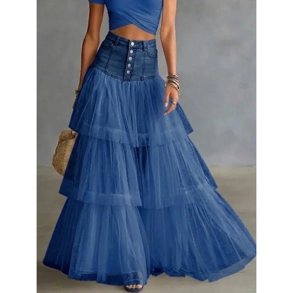 Women's High Waist A-Line Maxi Skirt Tiered Tulle Layered Skirt Elegant Casual Long Skirt