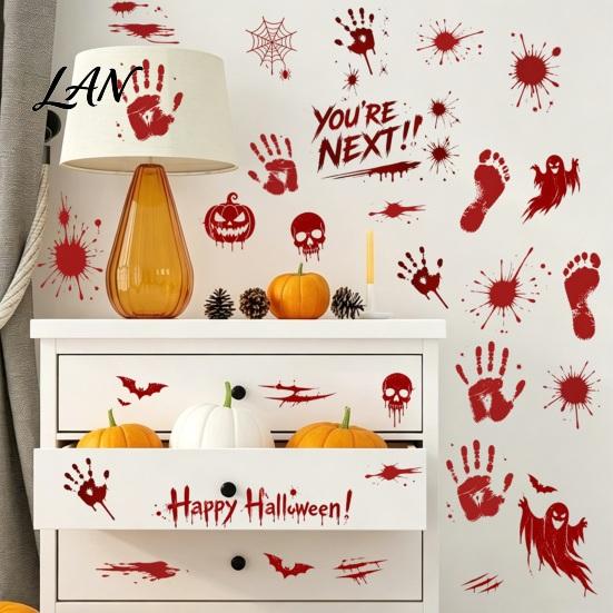 Creepy Text Halloween Decals Horror Stickers, with Spooky Handprints Footprints Printed, Wall Stickers Self-adhesive Decals, for Party And Decorations