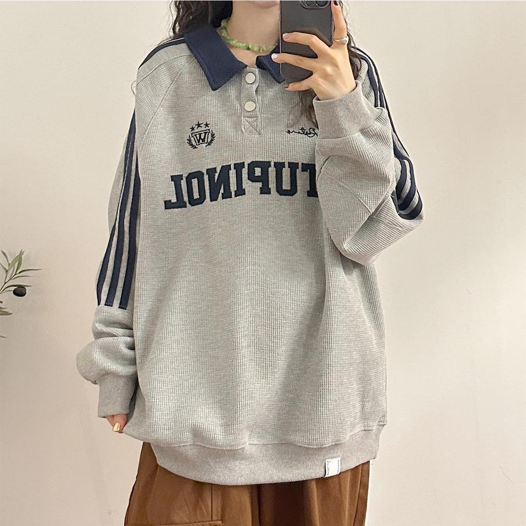 2025 Spring/Autumn Retro Trend Loose Japanese Straight Shoulder Casual Long Sleeve Polo Sweatshirt
