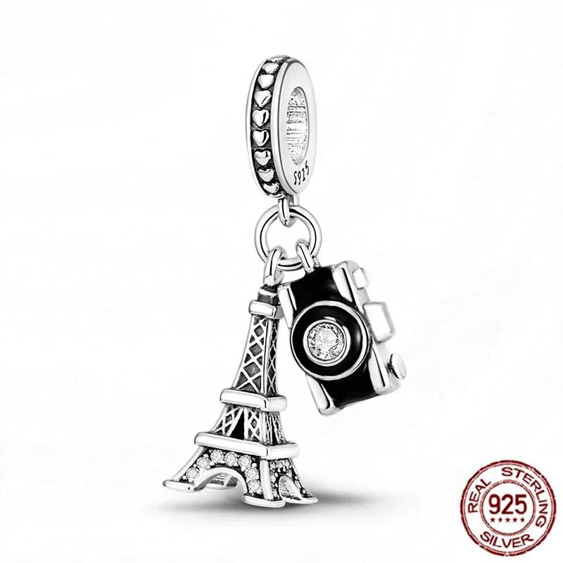 925 Sterling Silver Travel Series Camera Bicycle Tower Compass Bag Pendant Charm Fit 4mm Aperture Bracelet DIY Bead Jewelry Gift