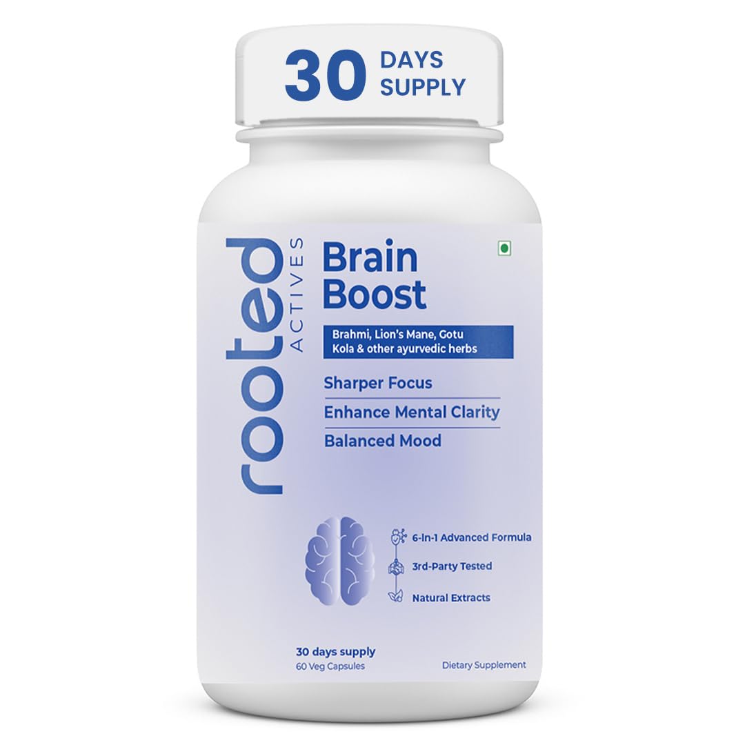 

Rooted Brain Boost - 6-in-1 Advanced Nootropic with Brahmi, Lion’s Mane & Ayurvedic Herbs | Supports Focus, Memory, Mental Clarity & Stress Balan