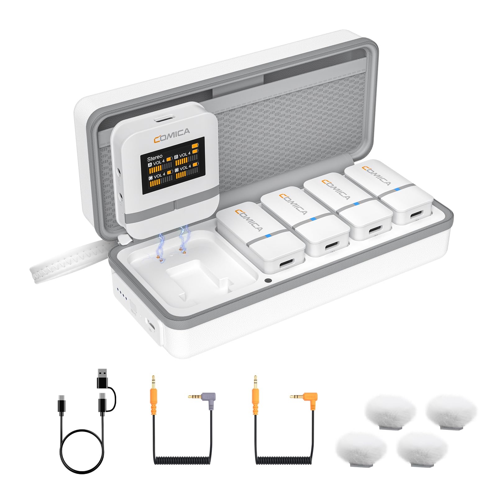 

Comica Vimo Q Micrófono 4 transmitters + 1 receiver Wireless pin microphone 200m transmission distance, CalMix audio processing, charging case