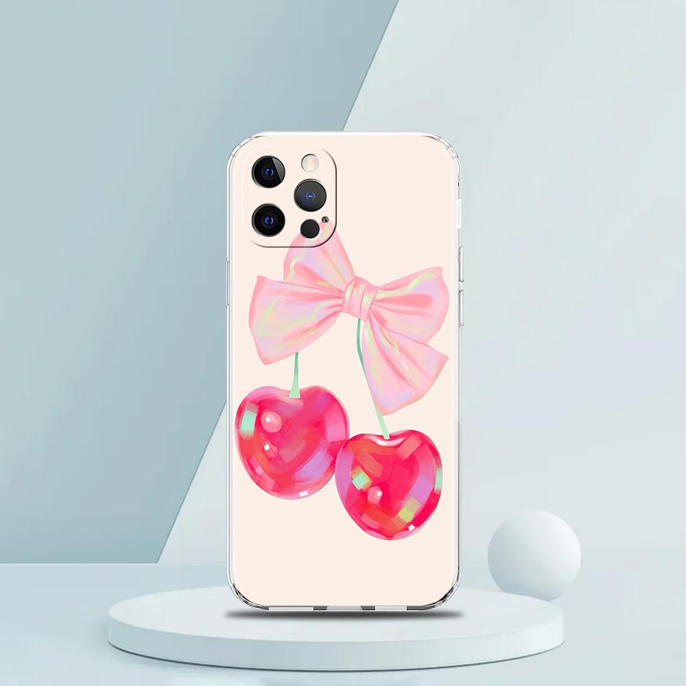 Cute Cherry Bow Luxury Phone Case For iPhone 18 16 15 14 13 12 11 Pro Max XS X XR SE 7 8 Plus Soft Silicone Clear Cover