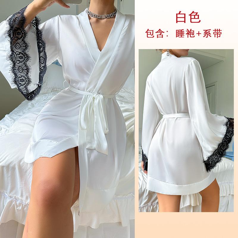 Sexy Nightgown Medium Bathrobe Sex Pajamas Women's Long-sleeved Women's Satin Clothing