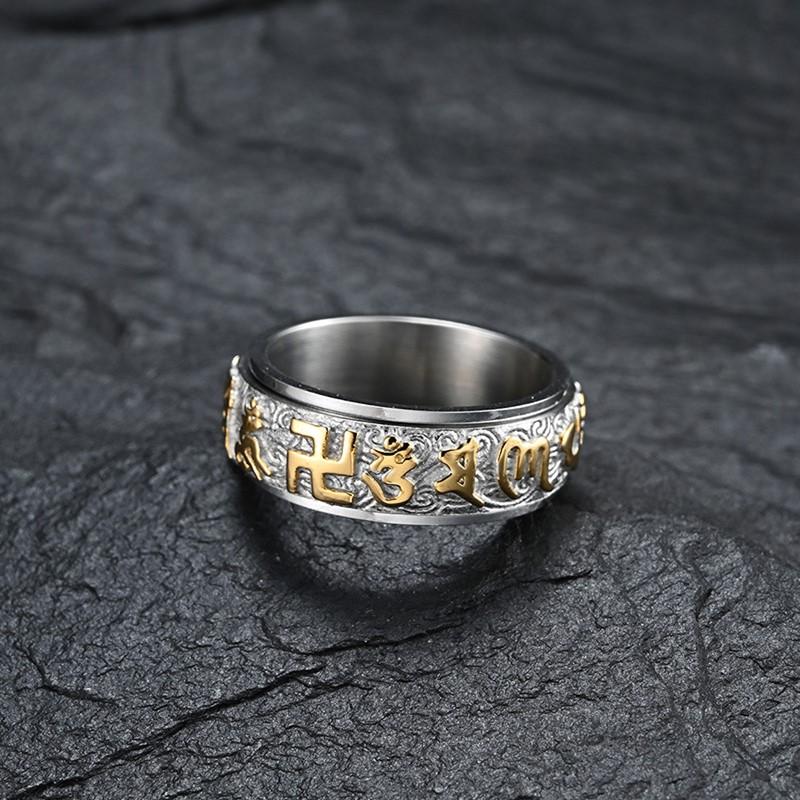 8mm Stainless Steel Tibetan Buddhist Mantra Sanskrit Spinner Ring for Men Women Size 6-12