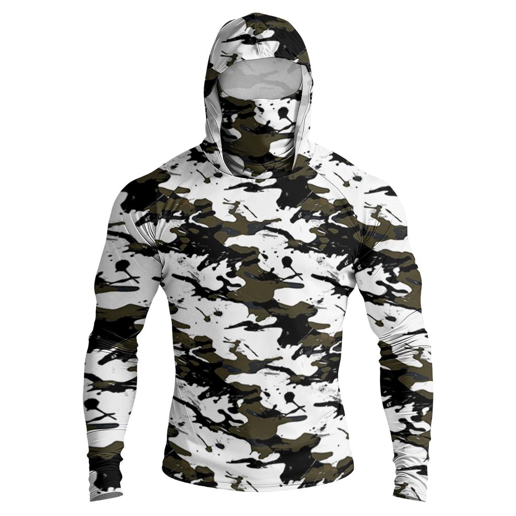 Men’s Long Sleeve Hooded Shirt with Face Cover Leaf Print Lightweight Breathable Quick Dry Athletic Top for Outdoor Sports Fishing Running Hiking