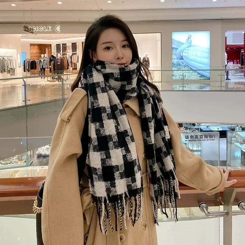 Autumn Winter Warm Plaid Scarf Korean Fashion Simple Thickened Soft Skin-friendly Scarves Checkered Windproof Versatile Scarves