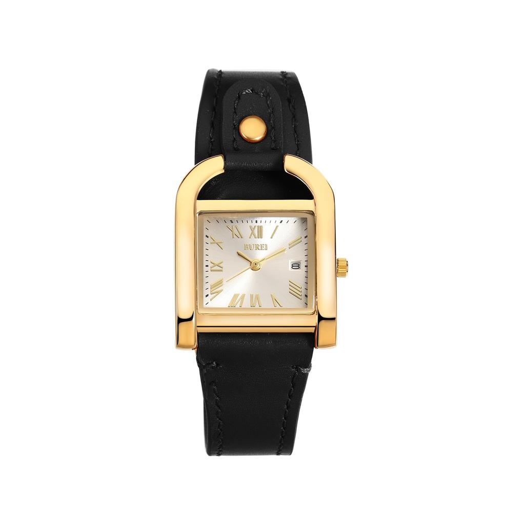 BUREI and Gold Square Roman Black Leather Perfect for and Casual Made in Japan Battery Women's Watch, Stylish, Simple, Cute, Quartz, Waterproof,