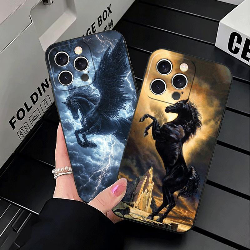 Black Horse Galloping Soft Phone Case for iPhone 16 16E 17 Air 15 Pro Max 14 Plus 13 Mini 11 12 7 Black Cover Back Shell