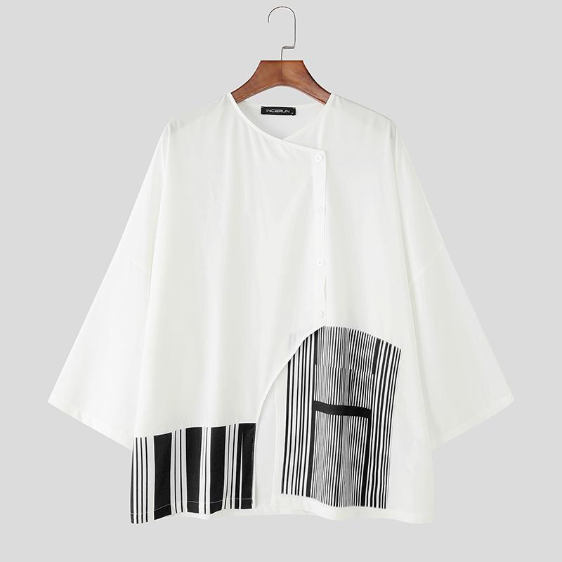 

INCERUN Мужские футболки с рукавом 3/4, разрезами, нерегулярным передом, полосатой строчкой крест-накрест, повседневные топы XL чёрный