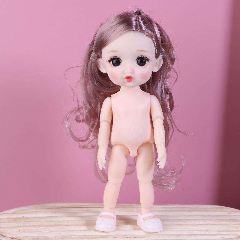 1 Set Nude Doll 3D Simulation Eyes 13 Joint Black Long Hair 1/8 17Cm Doll Plastic Doll Head Toys With Gold Brown Hair Kids Gift