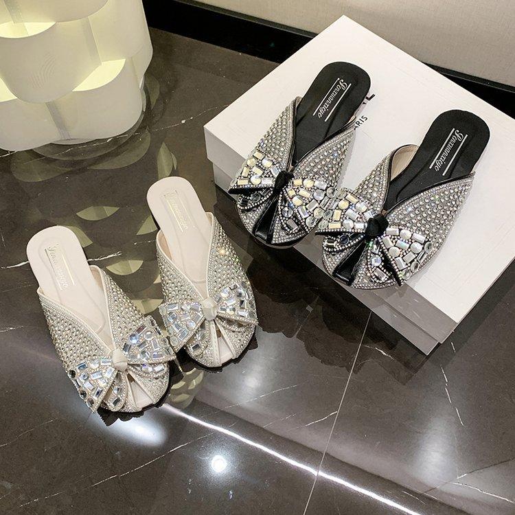 Fish mouth half slippers female summer wear 2024 new French rhinestone fairy wind pearl bag head lazy muller sandals