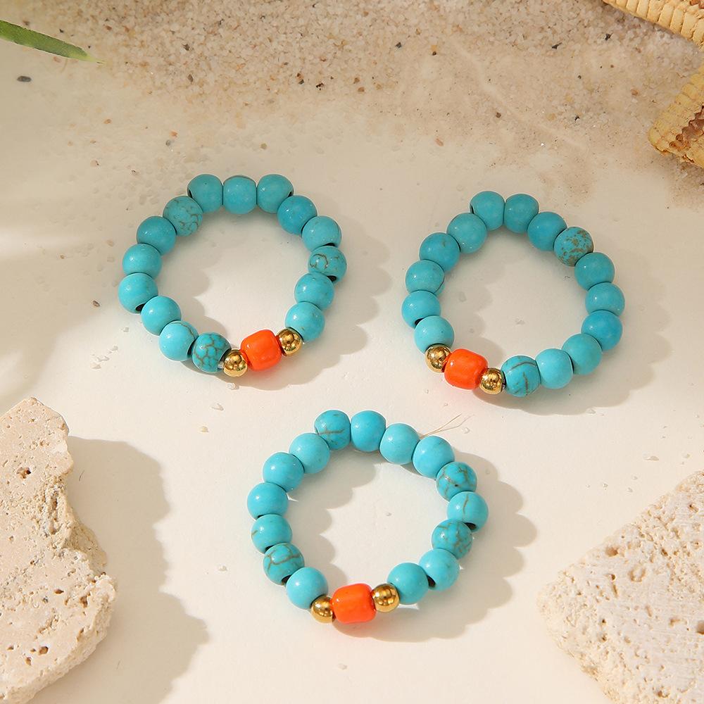 European, American Bohemian Turquoise Round Bead Ring, Simple Wind Orange Bead Gold Spacer, Vacation Versatile Jewelry Ring