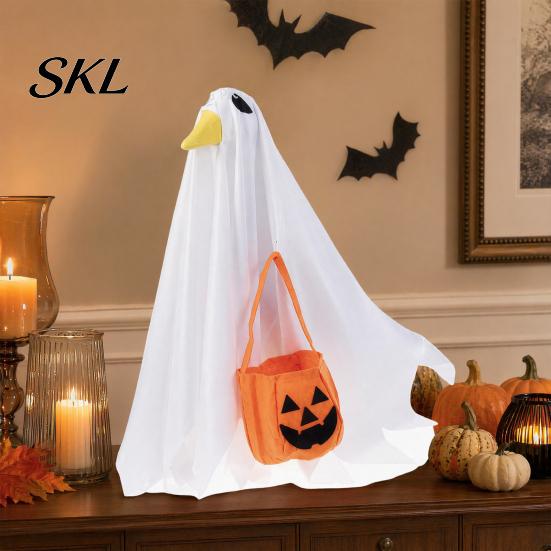 Unique Halloween Decor Goose Outfit, Ghost Porch Clothes with Pumpkin Bag for 23" Spooky Party Decoration Statue, Accessory Outdoor Patio Lawn