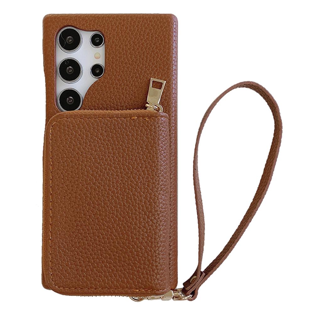 

Чехол для Samsung Galaxy S25 Ultra с молнией, слотами для карт, задняя крышка для телефона из ПУ кожи с ремешком на запястье Dark Brown