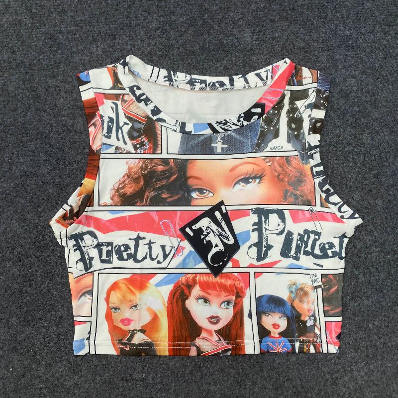 

Темный тренд Y2K аниме мультяшный принт круглый вырез сексуальный облегающий жилет женская одежда XL белый