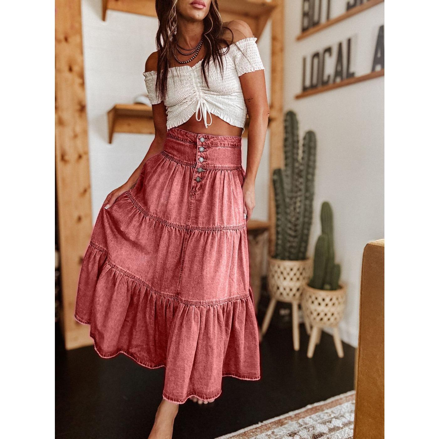 Юбка из денима в стиле бохо-трапеции с многослойным узором M