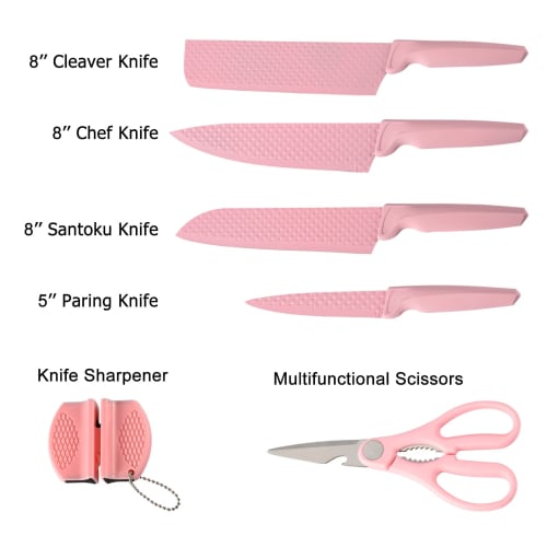CHUYIREN Kitchen Knife Set, Pink Knife Set, High Carbon Stainless Steel Non-Stick Coated Chef Knife Set with Scissors and Sharpener for Women and Girl