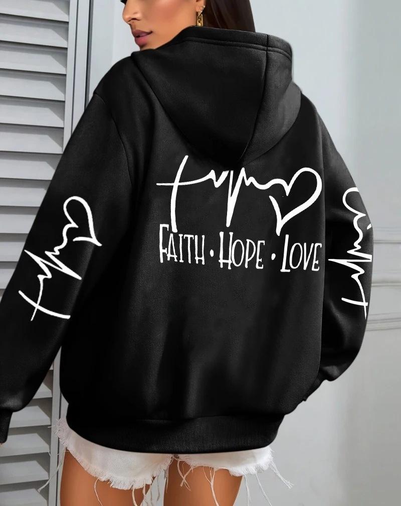 Faith Hope Love Letter Pattern, Printed Women'S Hoodie Autumn Loose Casual Pocket Fleece Pullover