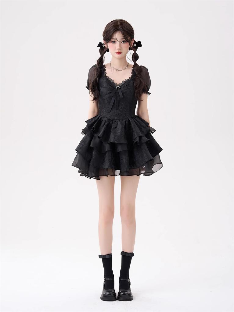 Qichenk Gothic Cosplay Lolita Dress, Cute, Mass-Produced, Women's, Mini, Bow, Stylish, Ribbon, Lace, Ruffles, Open Shoulder, Black, Size 03, M